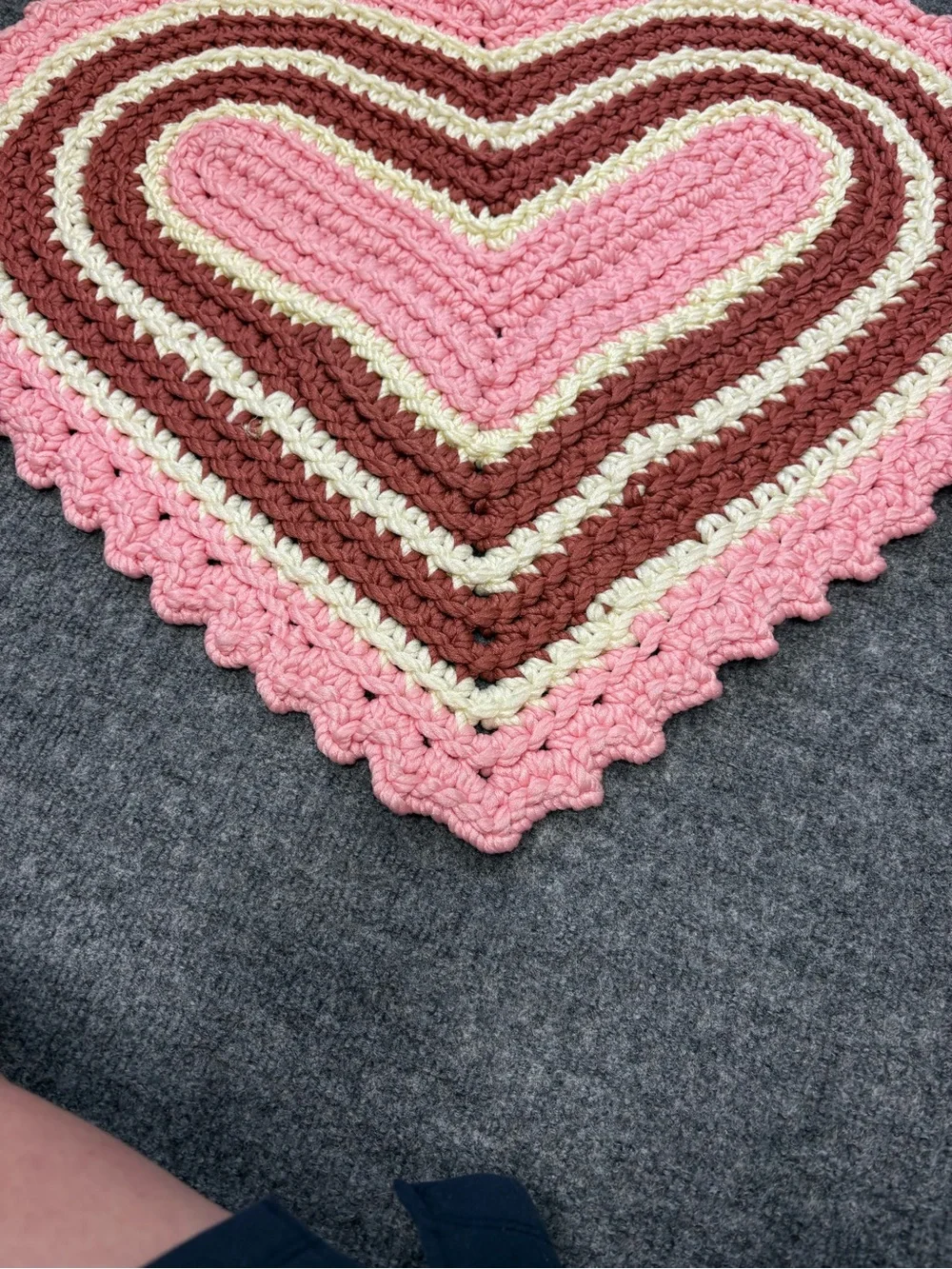 Hand Crafted Heart Crochet Door Mat in Pink, Brown, Cream